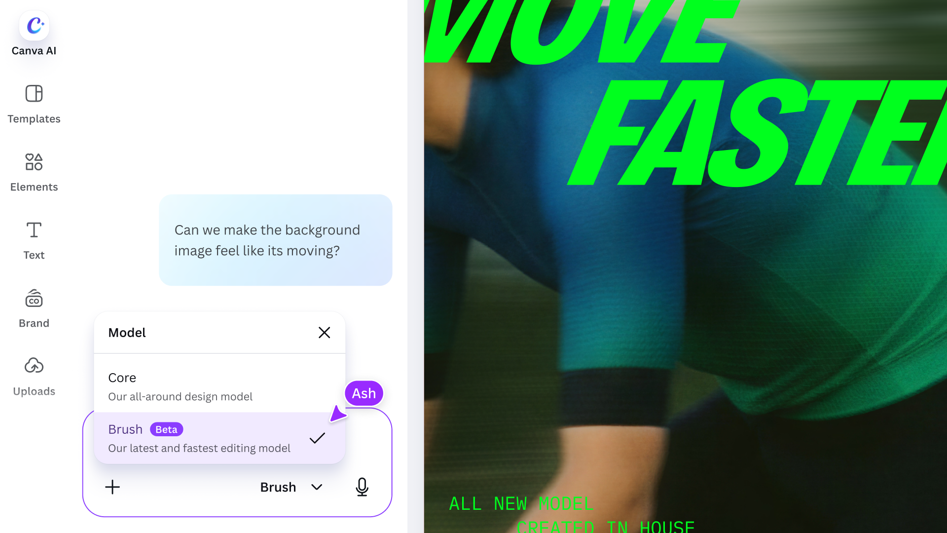 Canva AI interface with the model dropdown open and Brush selected as the editing model