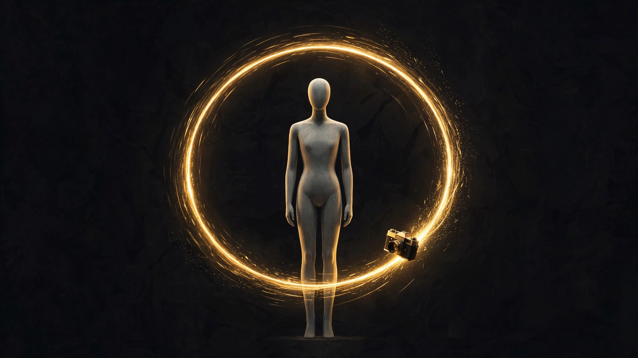 A small camera travels a glowing golden circular path around a frozen, featureless figure