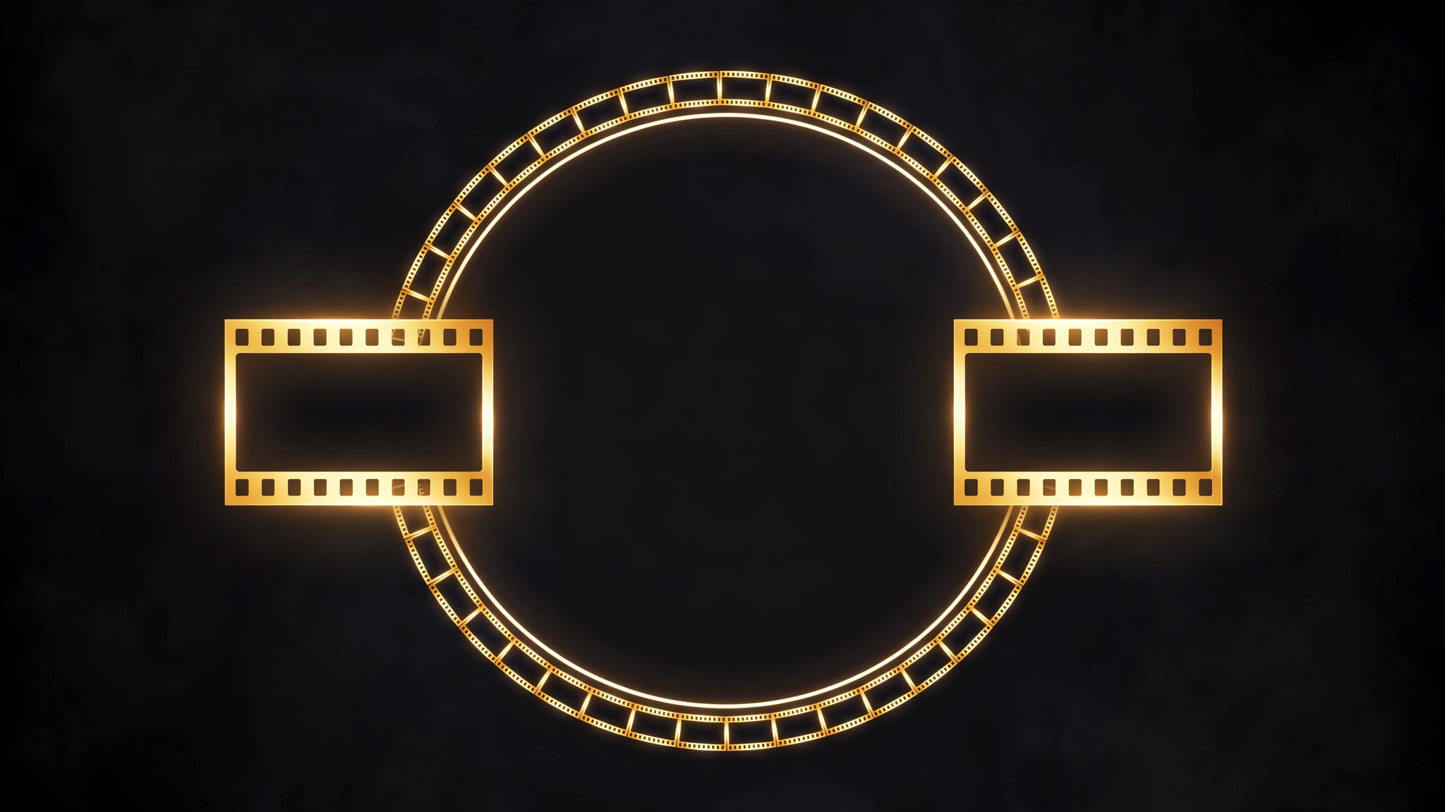 Two identical golden film frames joined by a circular loop of film