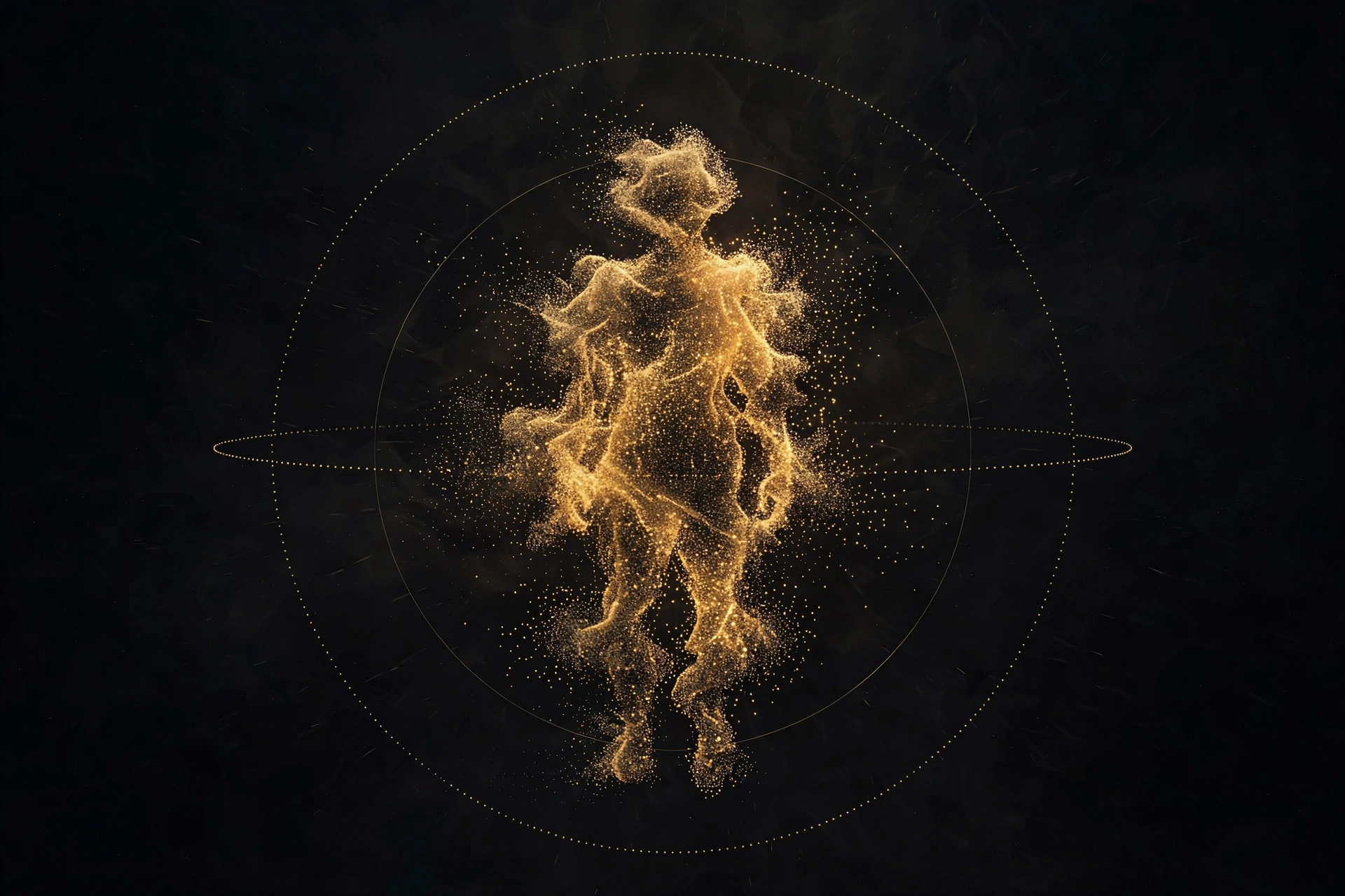 A human figure formed from thousands of glowing golden points, encircled by fine orbit rings