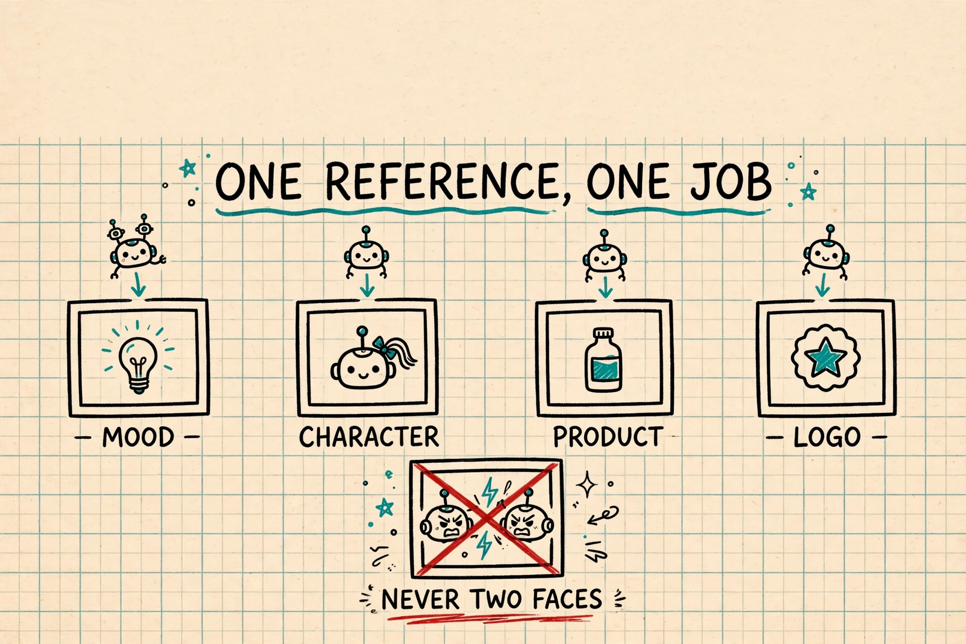 A hand-drawn reference map assigns separate images to mood, character, product and logo
