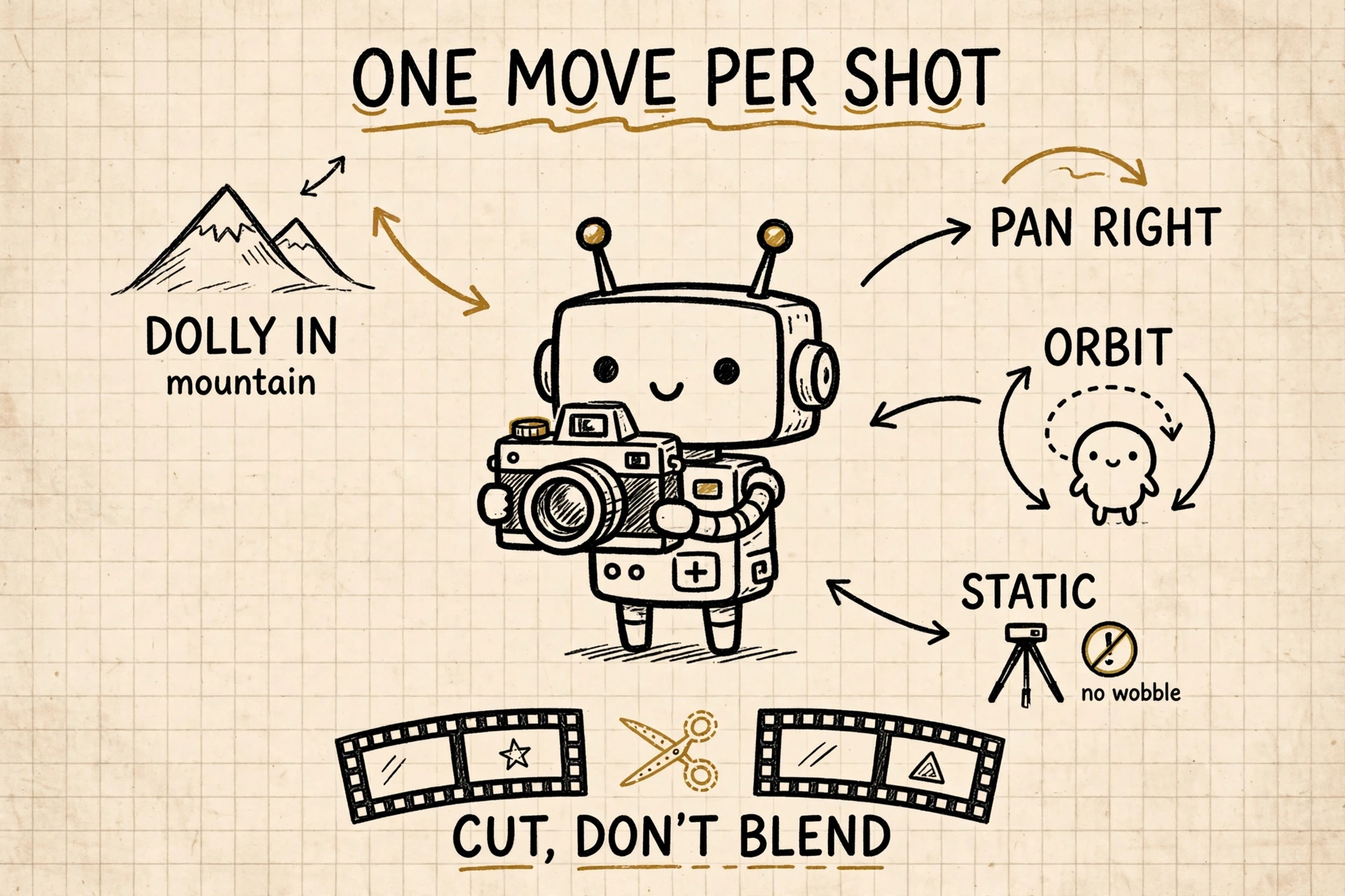 A hand-drawn camera robot surrounded by examples of dolly, pan, orbit and static shots