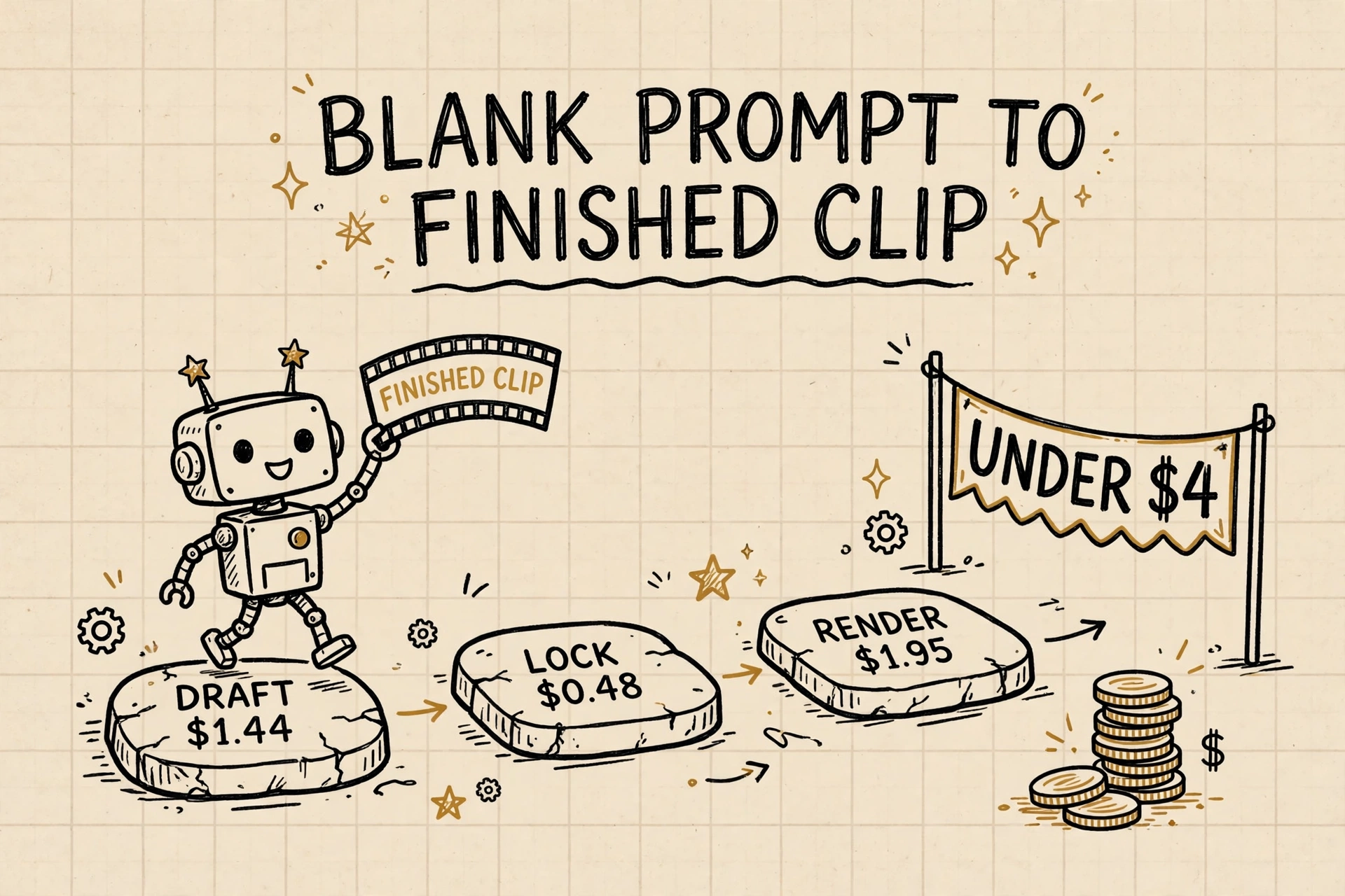 A hand-drawn robot crosses draft, lock and render stepping stones to a finished clip under four dollars