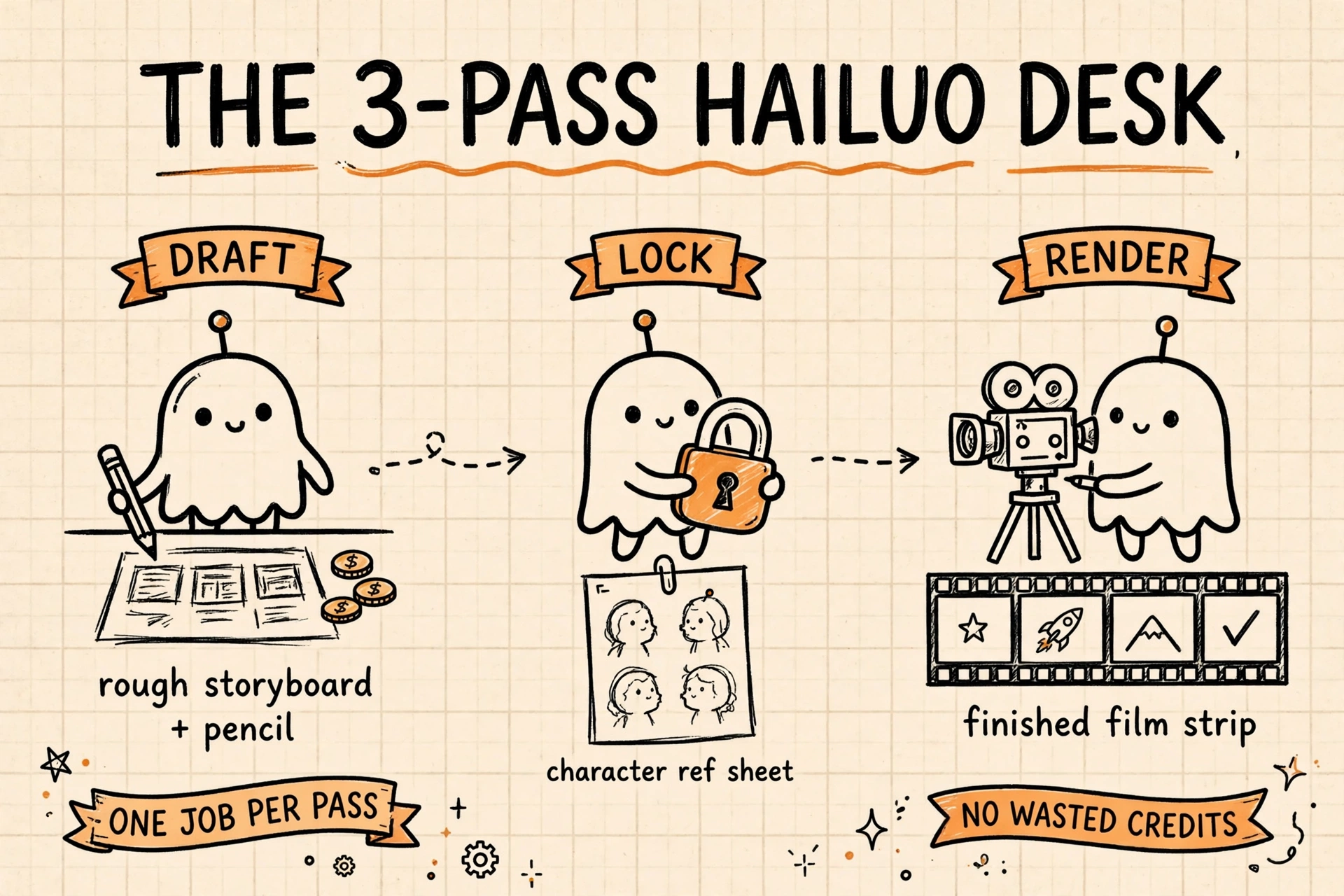 Editorial illustration for The 3-Pass Hailuo Desk: Consistent Characters, Real Camera Moves, No Wasted Credits