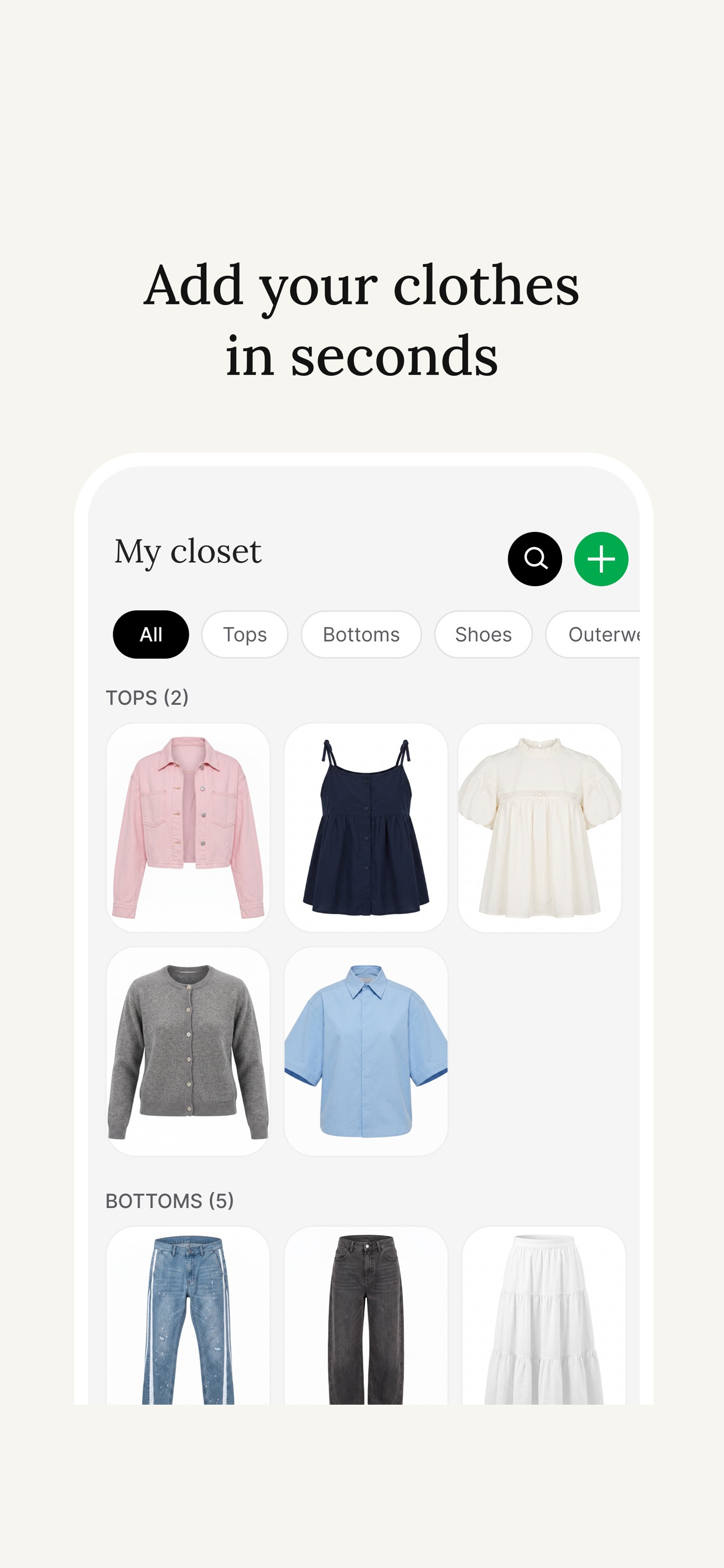 The My closet screen in Meta's Style Sketch app, showing a wardrobe grid of tops and bottoms