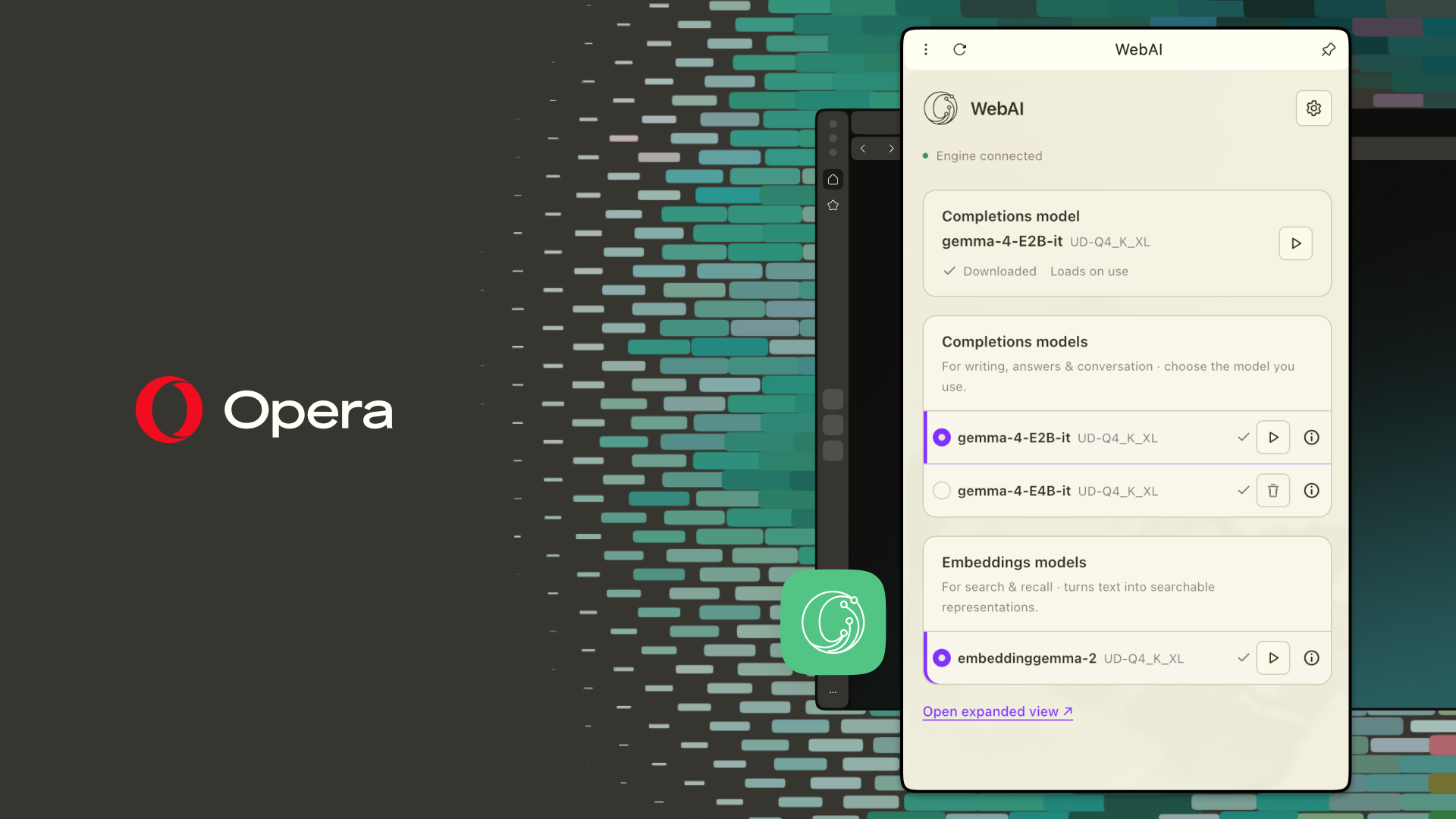 Opera WebAI panel in the browser, showing downloaded local models