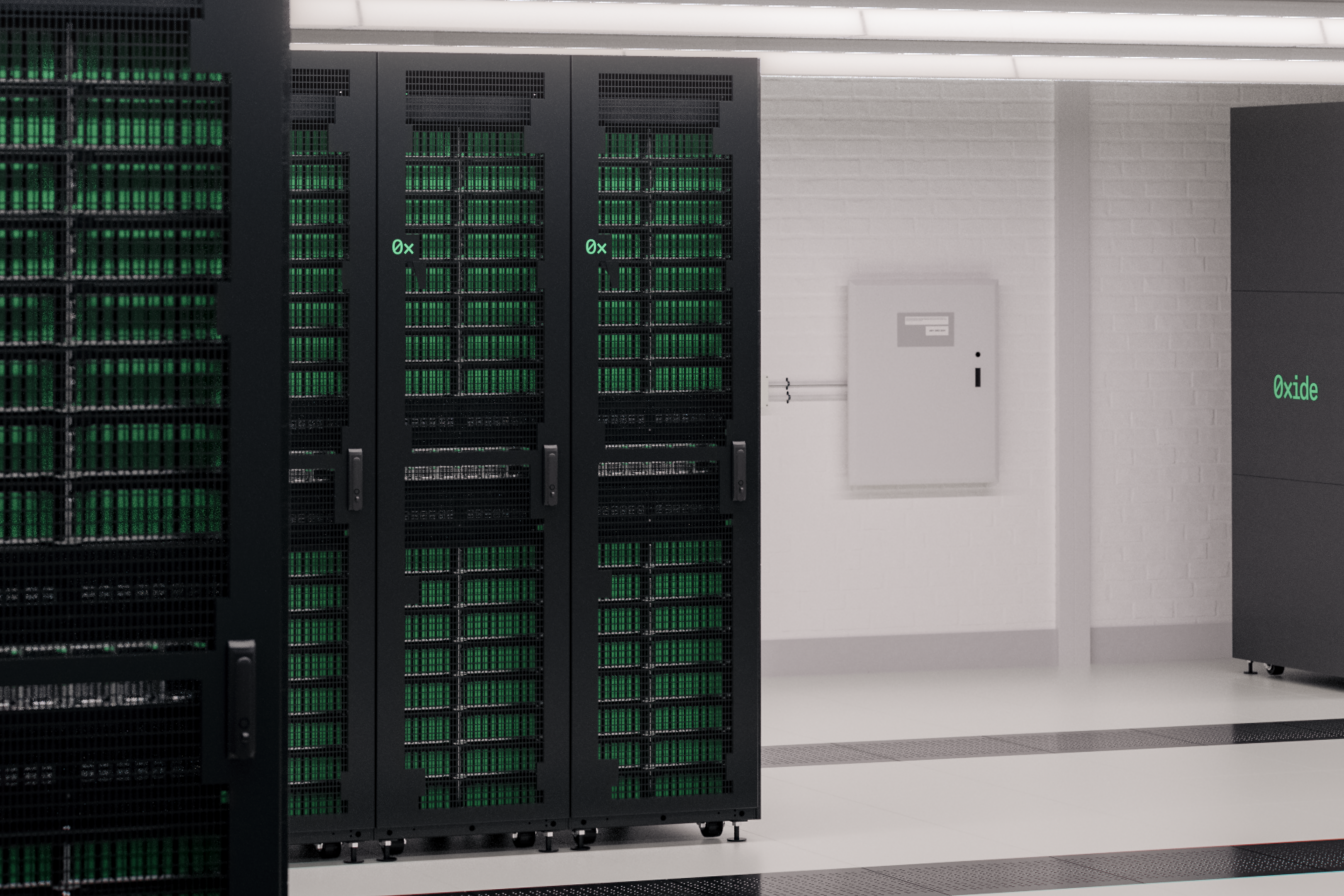 Rows of Oxide Cloud Computer racks in a data center