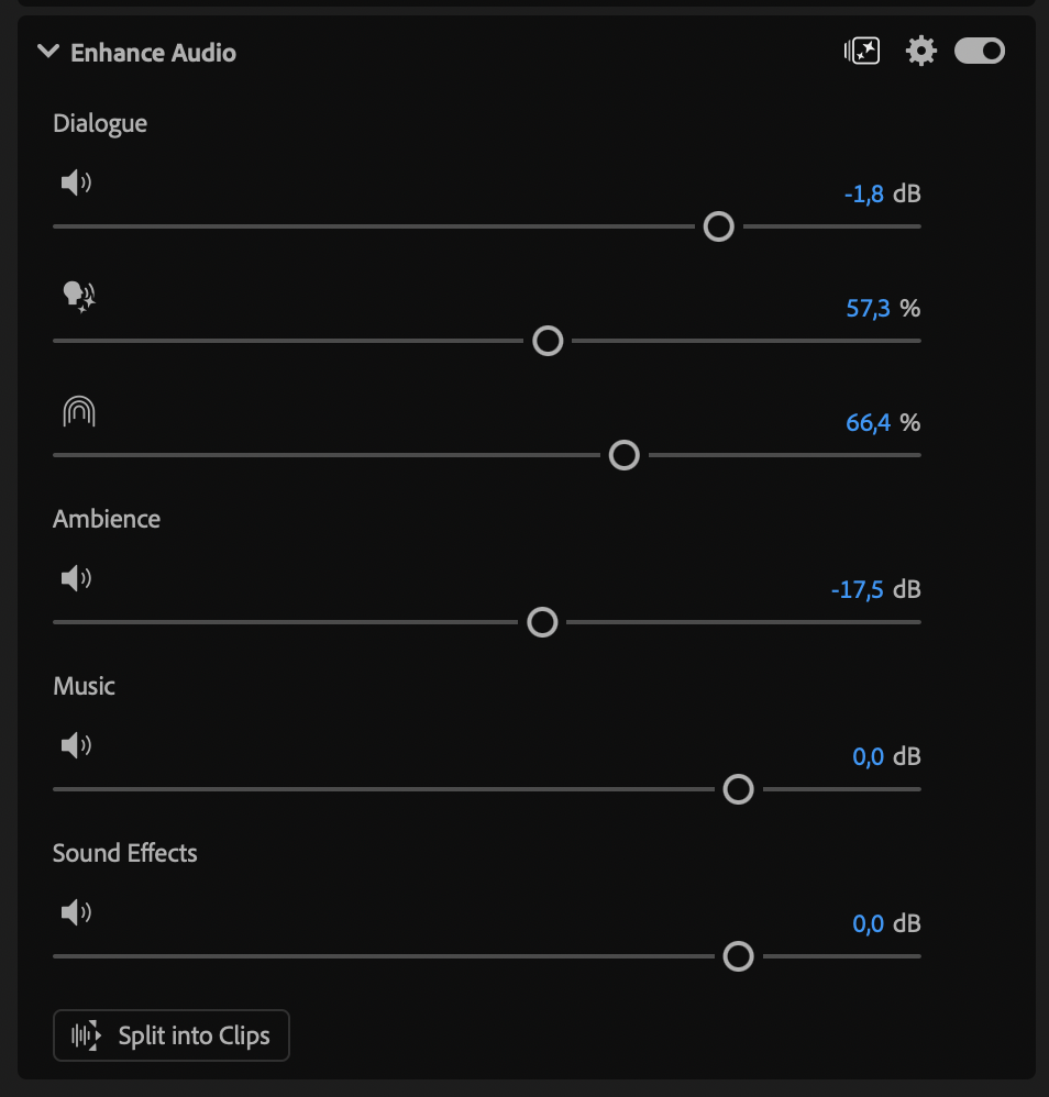 Premiere Pro Enhance Audio panel with separate dialogue, ambience, music and sound-effects controls