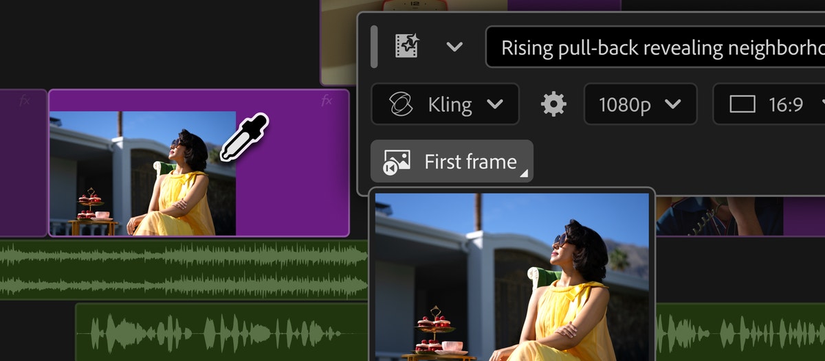 Premiere Pro Generative Media Tool showing a Kling model selection and first-frame reference inside the timeline