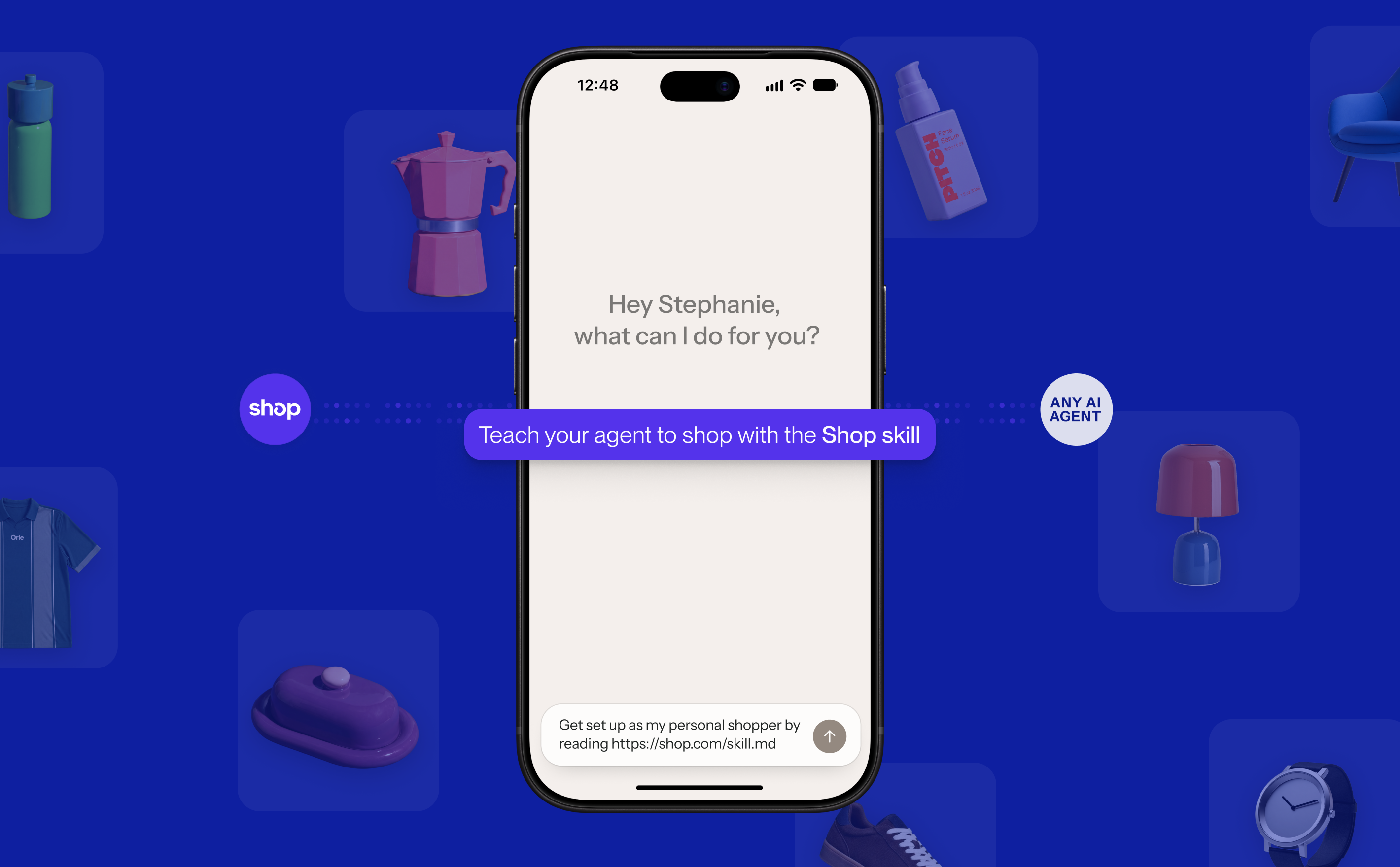 Phone showing an AI agent chat asked to read shop.com/skill.md and act as a personal shopper