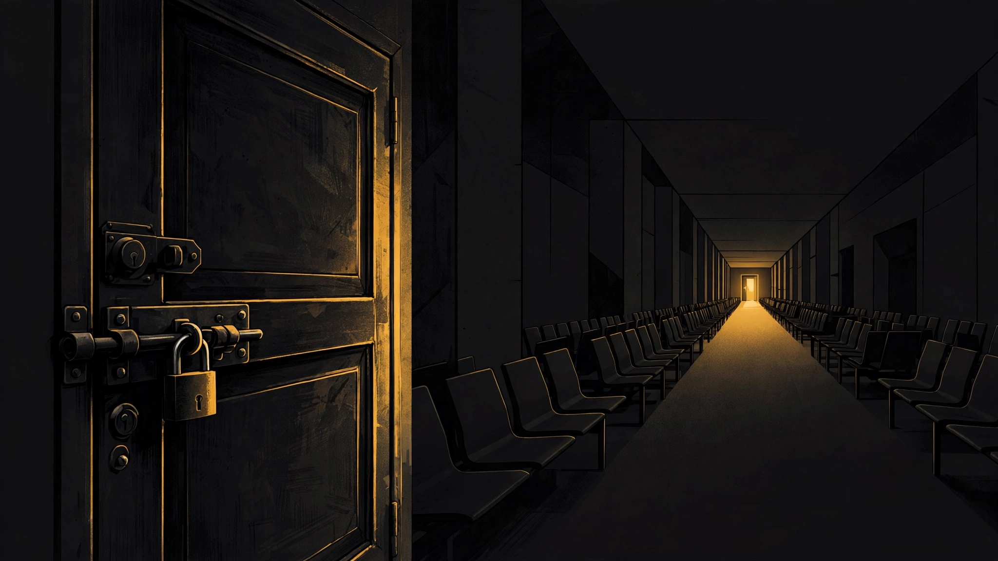 A locked door in a waiting corridor, with one lit exit sign